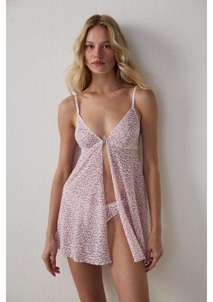 Pembe Printed Lace Front Opening Üst