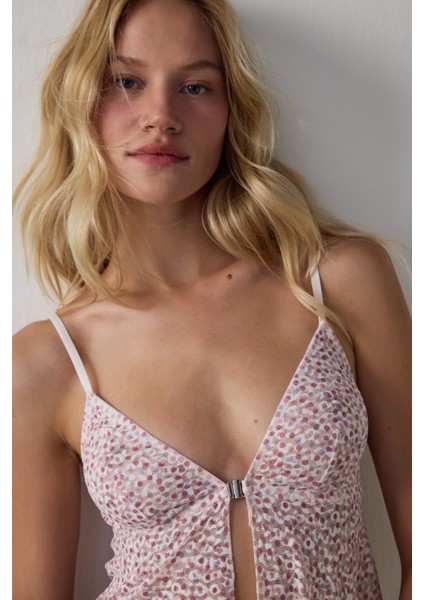 Pembe Printed Lace Front Opening Üst modelleri