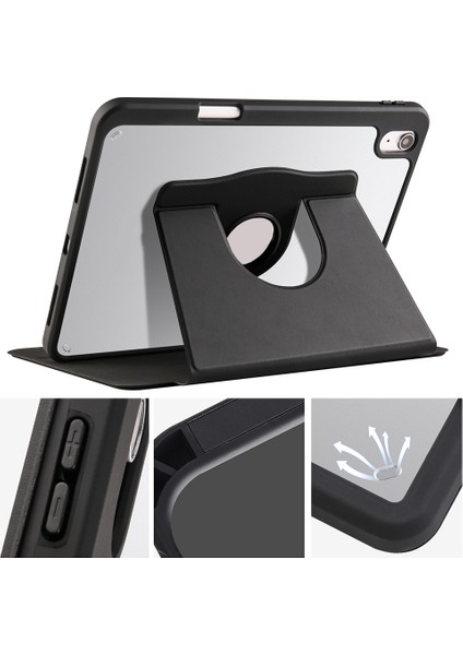 Apple iPad 10. Nesil 10.9 Inc Dönebilen Standlı Kalem Bölmeli Koruyucu Kılıf Stylus Kalem ve Nano Ekran Koruyucu Çok Fonksiyonlu Set