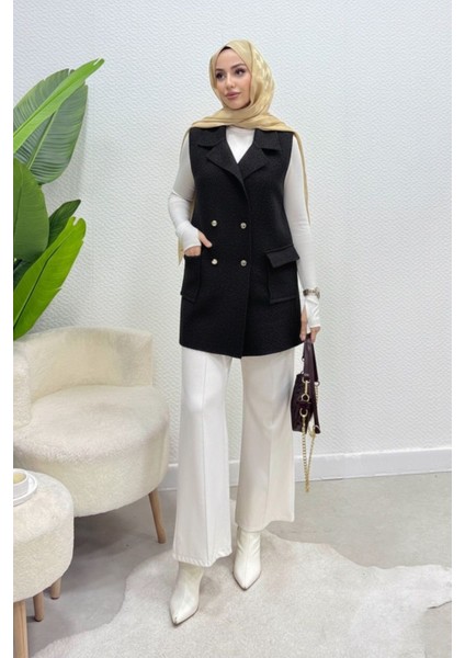 Cepli Düğmeli Buklet Astarsız Tesettür Yelek- Siyah
