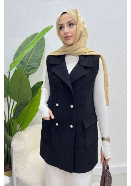Cepli Düğmeli Buklet Astarsız Tesettür Yelek- Siyah fiyatları