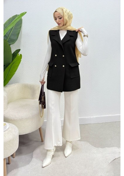 Cepli Düğmeli Buklet Astarsız Tesettür Yelek- Siyah modelleri