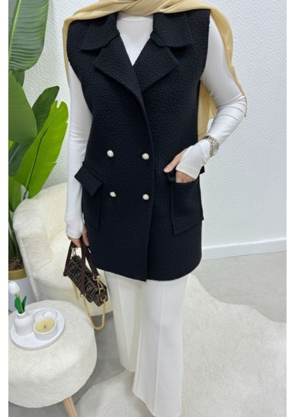 Cepli Düğmeli Buklet Astarsız Tesettür Yelek- Siyah fırsatları