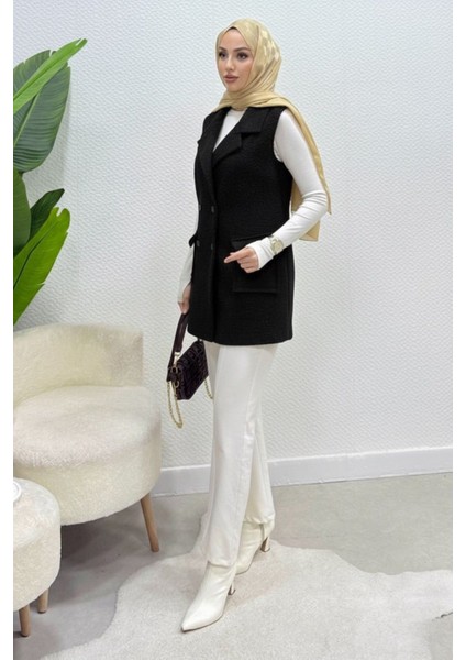 Cepli Düğmeli Buklet Astarsız Tesettür Yelek- Siyah indirimleri