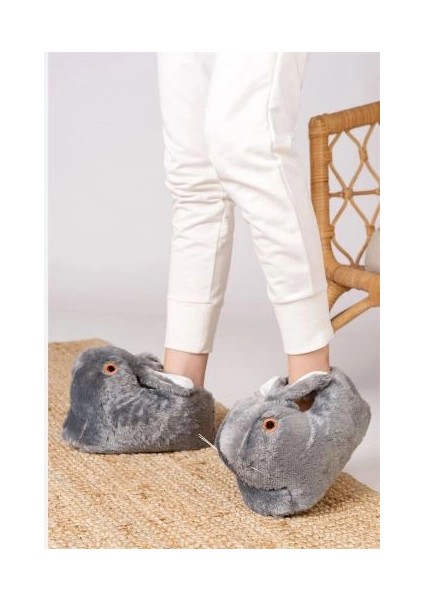 Unisex Hayvanlı Tavşanlı Panduf (Gri)