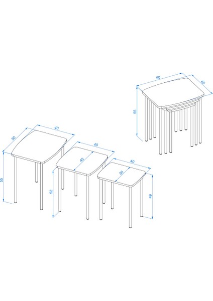 Harmoni Üçlü Zigon Sehpa 50X40/40X40/30X40