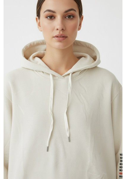Kadın Jennifer Kapşonlu Kol Yazılı Üç Ip Şardonlu Sweatshirt Ekru