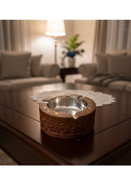 Şık Dekoratif Ceviz Ağacı Oyma Desenli Iç Kısmı Paslanmaz Çelik Küllük ( 13 cm Eni 5 cm Yükseklik fiyatları