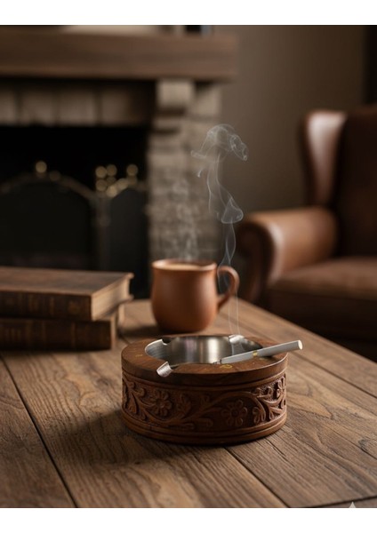 Şık Dekoratif Ceviz Ağacı Oyma Desenli Iç Kısmı Paslanmaz Çelik Küllük ( 13 cm Eni 5 cm Yükseklik modelleri