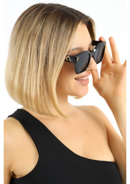 Kadın Siyah Oversize UV400 Güneş Gözlüğü Gold Detay WP25- fırsatları