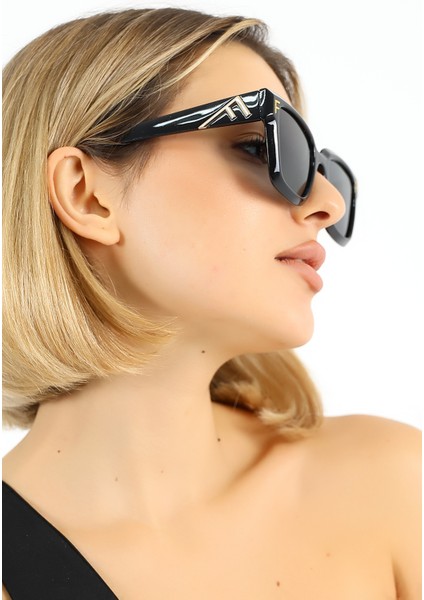 Kadın Siyah Oversize UV400 Güneş Gözlüğü Gold Detay WP25- indirimleri