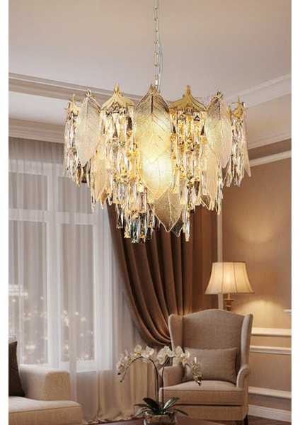 Yaprak Gold 80 cm Kristal Yaprak Detaylı Modern Avize – Salon Oturma Odası