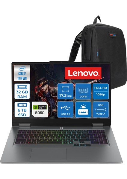 Loq 17IRX10 Intel Core I7 13650HX 32GB Ddr5 6tb SSD RTX5060 8gb 115W Freedos 17.3 Inç Fhd (1920X1080) IPS 300NITS 165HZ 100% Srgb Taşınabilir Bilgisayar W83JH006ETRF17 + Zetta Çanta