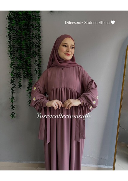 Papatya Nakışlı Liza Elbise ve Kısa Sufle 2 'li Takım