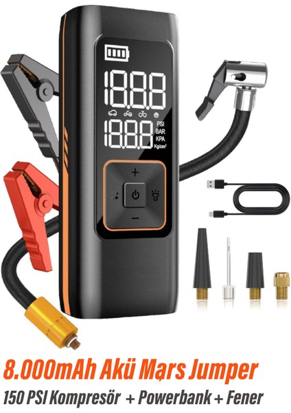 Akü Takviye Jump Starter 8000MAH Araç Marş Basma Cihazı Takviye Kompresör Lastik Şişirme Hava Pompası