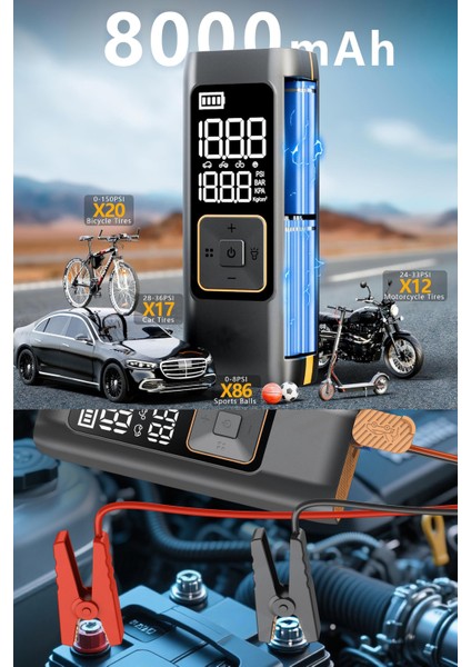 Akü Takviye Jump Starter 8000MAH Araç Marş Basma Cihazı Takviye Kompresör Lastik Şişirme Hava Pompası