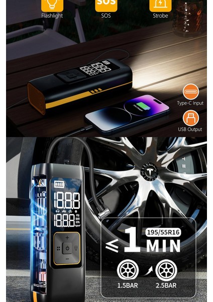 Akü Takviye Jump Starter 8000MAH Araç Marş Basma Cihazı Takviye Kompresör Lastik Şişirme Hava Pompası