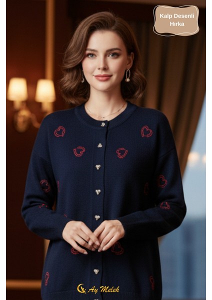 Kadın Triko Hırka Yumuşak V Yaka Kalpli Düğmeli Kazak