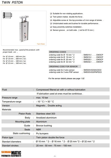 Çift Pistonlu Kayar Kompak Silindirler modelleri