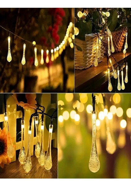 50 Damla Şeklinde Solar LED Güneş Enerjili Bahçe Balkon Aydınlatma 7 Metre Işık 8 Mod Gün Işığı