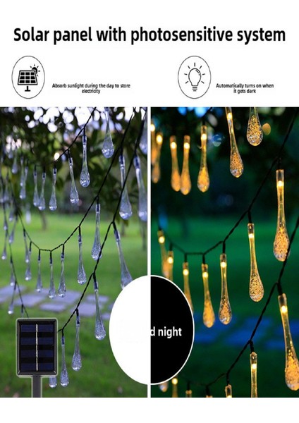50 Damla Şeklinde Solar LED Güneş Enerjili Bahçe Balkon Aydınlatma 7 Metre Işık 8 Mod Gün Işığı indirimleri
