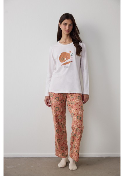 Taba Cookies Bisiklet Yaka Uzun Kollu Pamuklu Pijama Takımı