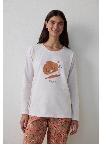 Taba Cookies Bisiklet Yaka Uzun Kollu Pamuklu Pijama Takımı fiyatları