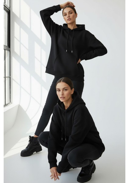 Kadın Pendepe Üç Ip Şardonlu Kapşonlu Kanguru Cep Sweatshirt Siyah