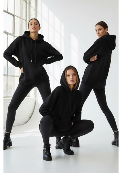 Kadın Pendepe Üç Ip Şardonlu Kapşonlu Kanguru Cep Sweatshirt Siyah fiyatları