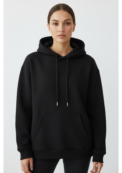 Kadın Pendepe Üç Ip Şardonlu Kapşonlu Kanguru Cep Sweatshirt Siyah modelleri