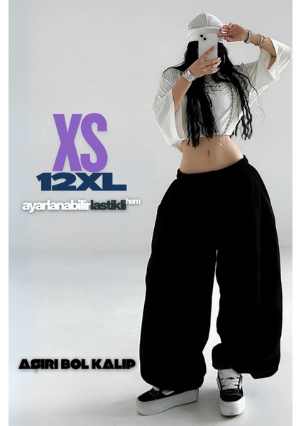 Büyük Beden Battal Boy Siyah Gri Ekstra Bol Kalıp Tesettür Oversize Baggy Harajuku Eşofman Altı