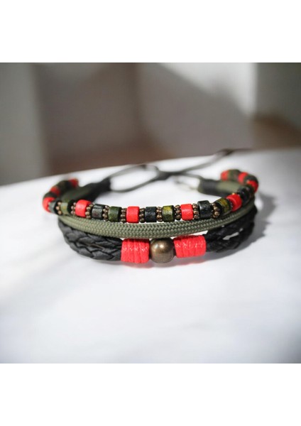 El Yapımı Bileklik Ahşap Bijuteri Boncuklu | Haki Kırmızı Unisex Aksesuar Yılbaşı Hediye Kombini