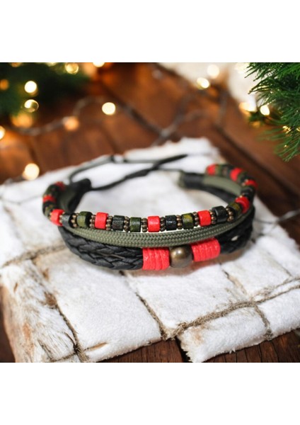 El Yapımı Bileklik Ahşap Bijuteri Boncuklu | Haki Kırmızı Unisex Aksesuar Yılbaşı Hediye Kombini fiyatları