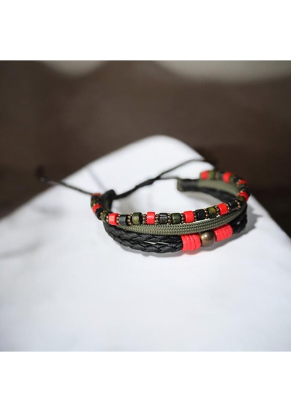 El Yapımı Bileklik Ahşap Bijuteri Boncuklu | Haki Kırmızı Unisex Aksesuar Yılbaşı Hediye Kombini modelleri