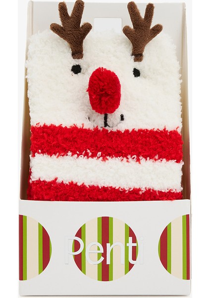 Kırık Beyaz Ponponlu Geyik Desenli Çizgili Yılbaşı Soket Çorap