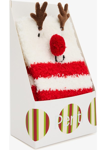 Kırık Beyaz Ponponlu Geyik Desenli Çizgili Yılbaşı Soket Çorap fiyatları