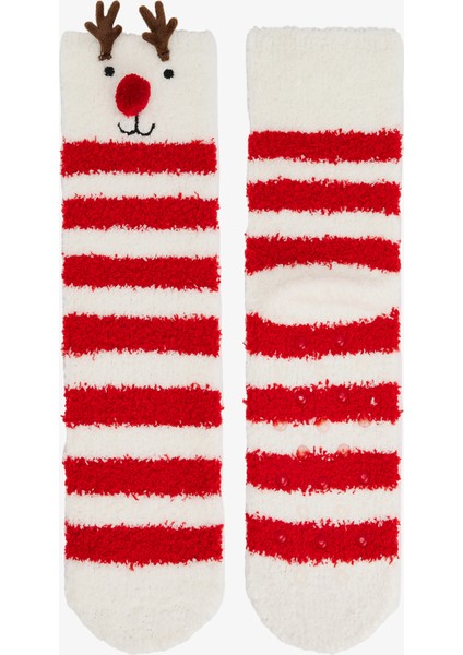 Kırık Beyaz Ponponlu Geyik Desenli Çizgili Yılbaşı Soket Çorap modelleri