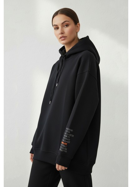 Kadın Jennifer Kapşonlu Kol Yazılı Üç Ip Şardonlu Sweatshirt Siyah fiyatları