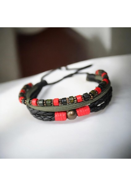 El Yapımı Bileklik Ahşap Bijuteri Boncuklu | Haki Kırmızı Unisex Aksesuar Yılbaşı Hediye Kombini fırsatları