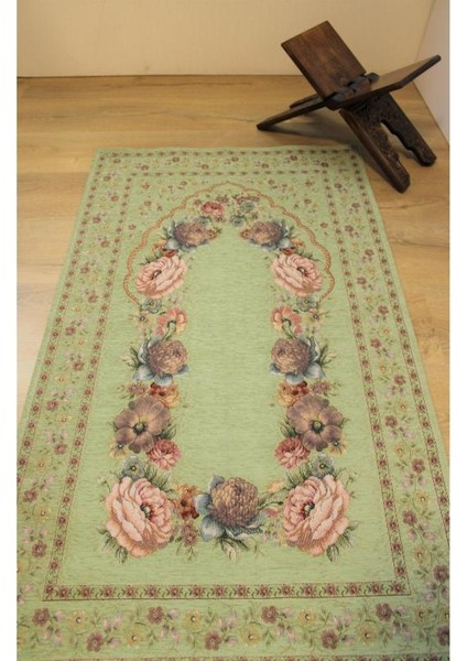 Kınay Antik Yeşil Jakarlı Dokuma Goblen Dekoratif Astarsız Saçaksız Şönilli Seccade 70*115