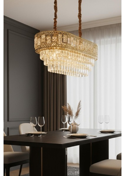 Oyma Gold 90 cm Kristal Taşlı Modern Avize – Yemek Masası, Salon ve Oturma Odası