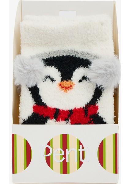 Kırık Beyaz Penguenli Ponponlu Ev Patiği