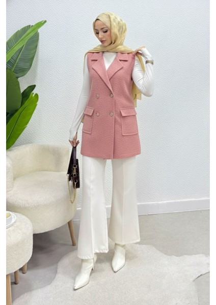 Cepli Düğmeli Buklet Astarsız Tesettür Yelek- Pembe