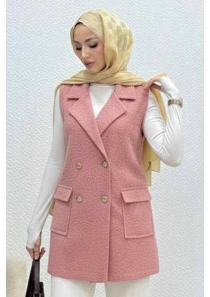 Cepli Düğmeli Buklet Astarsız Tesettür Yelek- Pembe modelleri