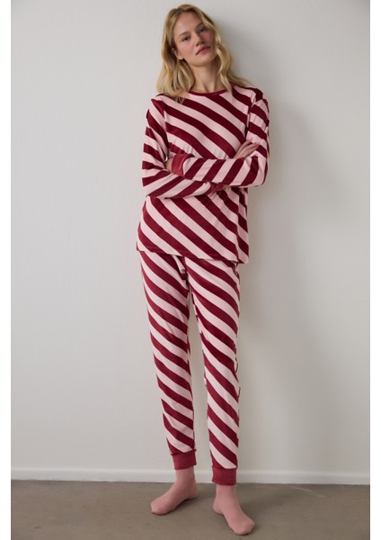 Gül Kurusu Winter Time Çizgili Bisiklet Yaka Pijama Takımı