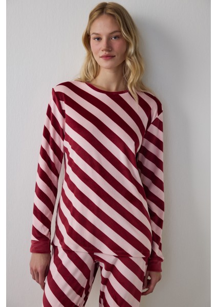 Gül Kurusu Winter Time Çizgili Bisiklet Yaka Pijama Takımı fiyatları