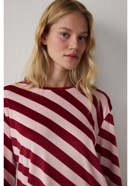 Gül Kurusu Winter Time Çizgili Bisiklet Yaka Pijama Takımı modelleri