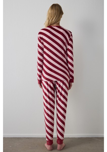 Gül Kurusu Winter Time Çizgili Bisiklet Yaka Pijama Takımı fırsatları