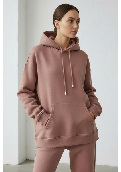 Kadın Pendepe Üç Ip Şardonlu Kapşonlu Kanguru Cep Sweatshirt Somon