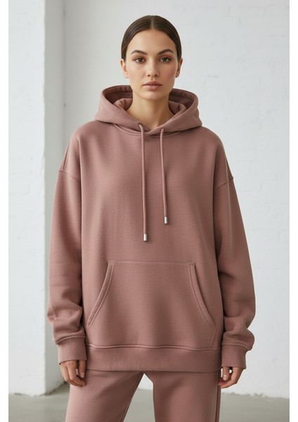 Kadın Pendepe Üç Ip Şardonlu Kapşonlu Kanguru Cep Sweatshirt Somon fiyatları